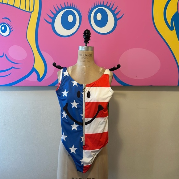 Moschino Smile Face American Flag Stars Stripes One PIece Swimsuit Vintage